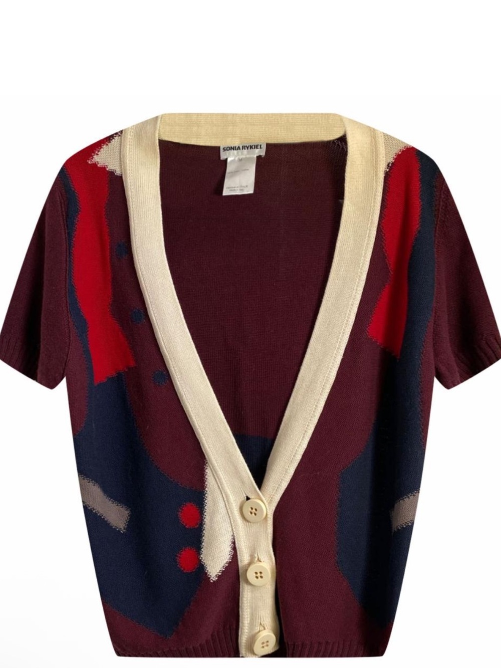 Sonia Rykiel Burgundy, Navy & Cream Short-Sleeve Button Cardigan